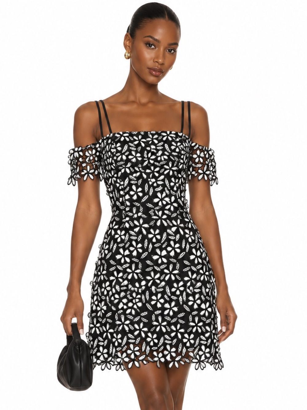 FRENCH CONNECTION Black & White Floral Off-Shoulder Mini Dress SIZE L